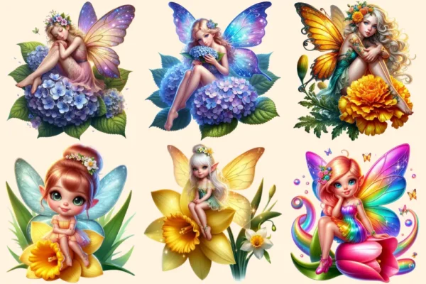 Floral Fairies (P-2) PNG Clipart Collection - 30 PNG, Magical fairy graphics, Floral themed printables, Commercial use, Digital download