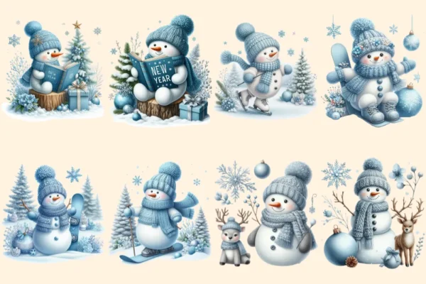 Blue Snowman PNG Clipart Collection - 38 PNG, Winter snowman graphics, Festive printable designs, Commercial use, Digital download