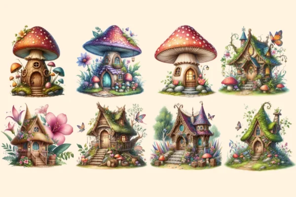 Fairy Houses PNG Clipart Collection - 32 PNG, Whimsical home illustrations, Magical printable art, Commercial use, Digital download