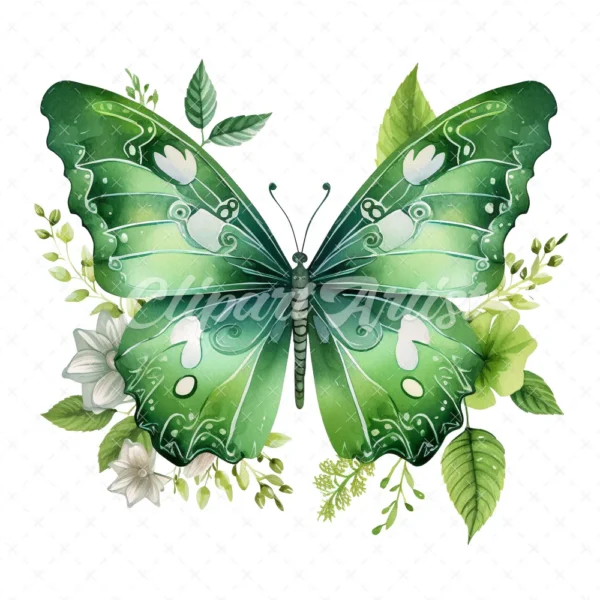 20 High-Quality Green Floral Butterfly Clipart - Butterfly digital watercolor JPG instant download for commercial use - Digital download