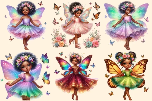 Little Fairies PNG Clipart Collection - 28 PNG, Black fairy graphics, African heritage magic art, Commercial use, Digital download