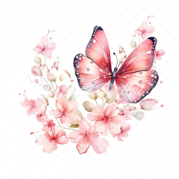 20 High-Quality Pink Floral Butterfly Clipart - Pink butterfly digital watercolor JPG instant download for commercial use - Digital download