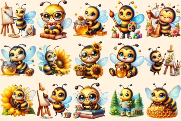 Bee PNG Clipart Collection - 72 PNG, Busy honeybee illustrations, Cute bee printables, Commercial use, Digital download