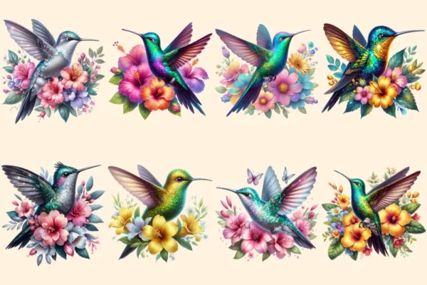 Hummingbirds PNG Clipart Collection - 38 PNG, Tropical bird illustrations, Vibrant floral printables, Commercial use, Digital download