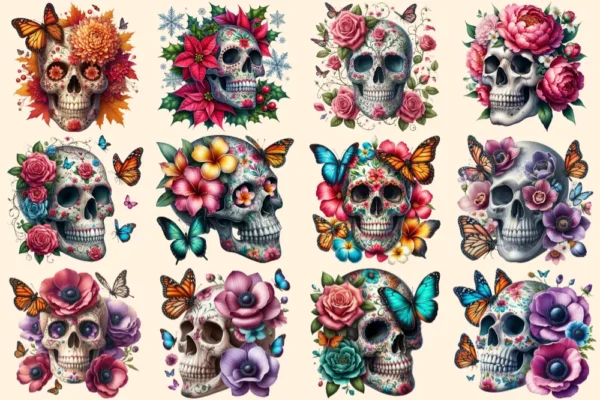 Floral Skulls PNG Clipart Collection - 50 PNG, Dark gothic illustrations, Floral skull printables, Commercial use, Digital download