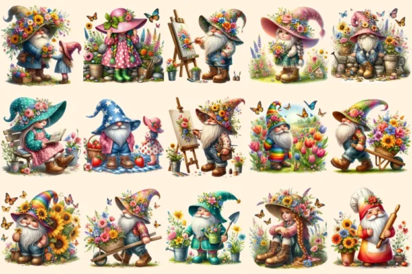 Spring Gnomes PNG Clipart Collection - 68 PNG, Wildflower gnome graphics, Spring garden printables, Commercial use, Digital download
