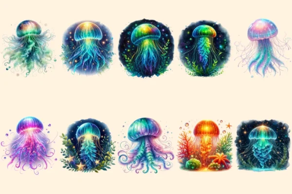 Glowing Jellyfish PNG Clipart Collection - 49 PNG, Underwater creature graphics, Ocean life printables, Commercial use, Digital download