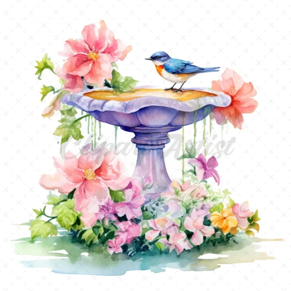 20 High-Quality Floral Birdbath Clipart - Floral birdbath digital watercolor JPG instant download for commercial use - Digital download
