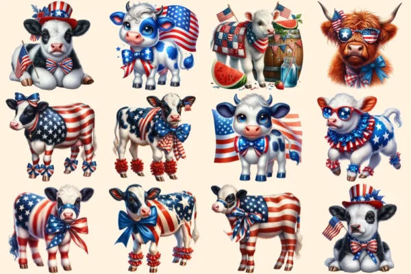 4th of July Cows PNG Clipart Collection - 55 PNG, American pride calf graphics, Cow printables, Commercial use, Digital download