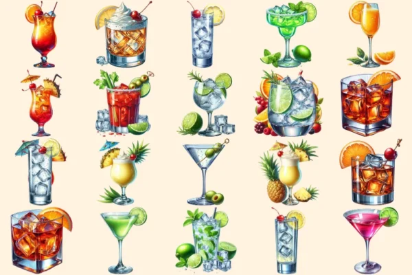 Cocktails PNG Clipart Collection - 96 PNG, Colorful beverage illustrations, Bar themed printables, Commercial use, Digital download