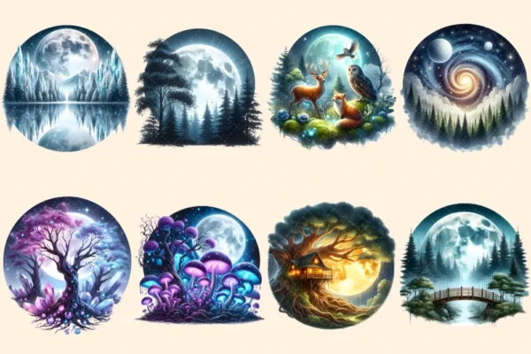 Forest Moons PNG Clipart Collection - 37 PNG, Moonlit fantasy illustrations, Forest magic printables, Commercial use, Digital download