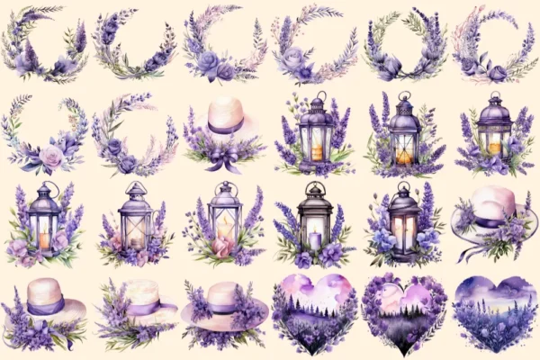Lavenders Watercolor Clipart Bundle - 160+ transparent PNG, PNG of Tranquil summer lavender joy, Lavenders Commercial use, Digital download