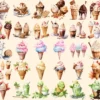Ice Cream Watercolor Clipart Bundle - 260+ transparent PNG, Savory tasty desserts, Beach dessert, Sweets Commercial use, Digital download