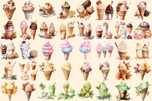 Ice Cream Watercolor Clipart Bundle - 260+ transparent PNG, Savory tasty desserts, Beach dessert, Sweets Commercial use, Digital download