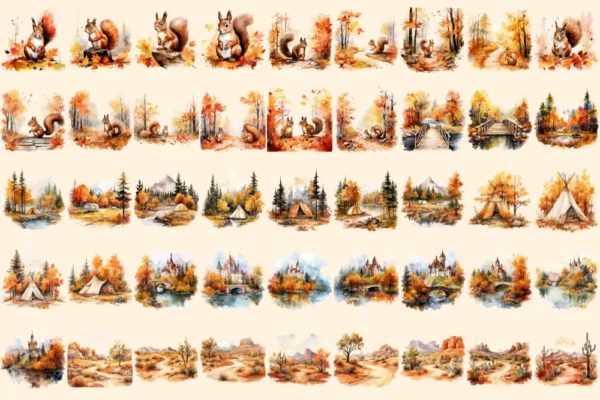 Autumn Landscapes Clipart Bundle - 300+ transparent PNG, Fall landscape clipart, Seasonal scenery graphics, Commercial use, Digital download