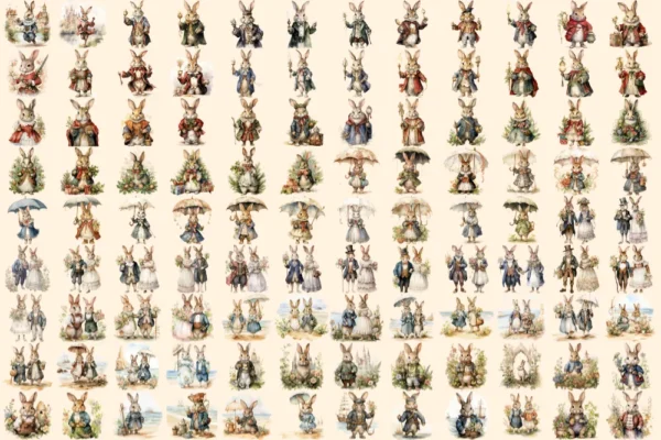 Victorian Bunnies Clipart Bundle - 750+ transparent PNG, Vintage rabbit clipart, Medieval antique graphics, Commercial use, Digital download