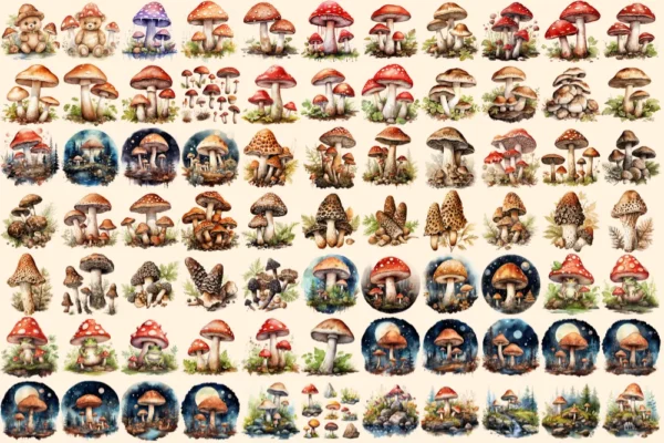 Mushrooms Watercolor Clipart Bundle - 520+ transparent PNG, Mushrooms png, Enchanted nature illustrations, Commercial use,Digital download