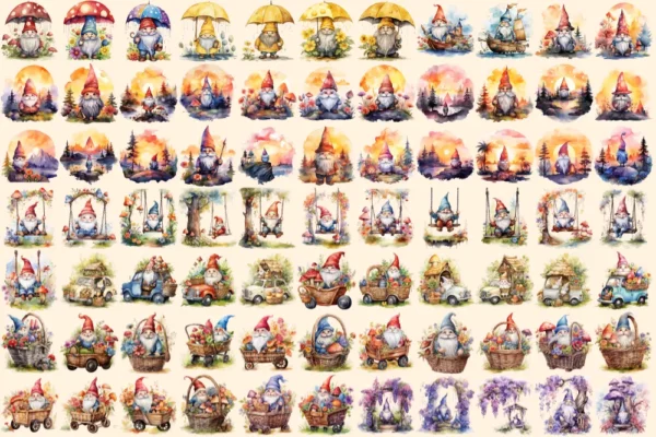 Gnomes Watercolor Clipart Bundle - 520+ transparent PNG, Enchanted gnome graphics png, Storybook gnome png, Commercial use, Digital download