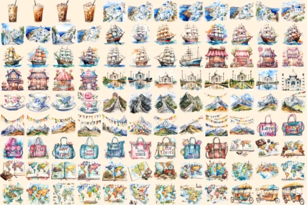 Travel Watercolor Clipart Bundle - 730+ transparent PNG, Adventure, Wanderlust , Vacation holiday graphics, Commercial use, Digital download