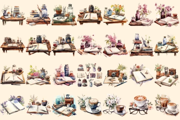 Journals Watercolor Clipart Bundle - 170+ transparent PNG, Agenda images, Organizational illustrations, Commercial use, Digital download