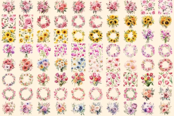 Wedding Flowers Watercolor Clipart Bundle - 545+ transparent PNG, Floral wedding elements, Bride's bouquet, Commercial use, Digital download