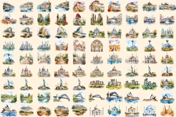 Landmarks Watercolor Clipart Bundle - 620+ transparent PNG, Popular landmark graphics, top wonders clipart, Commercial use, Digital download