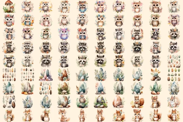 Boho Woodland Animals Watercolor Clipart Bundle - 586+ transparent PNG, Forest, Fox Bear Deer Owl Raccoon, Commercial use, Digital download