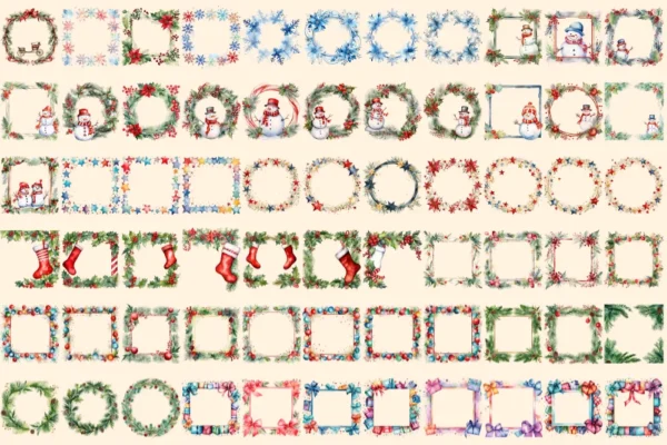 Christmas Borders Watercolor Clipart Bundle - 455+ transparent PNG, Xmas frames art, Festive border designs, Commercial use,Digital download