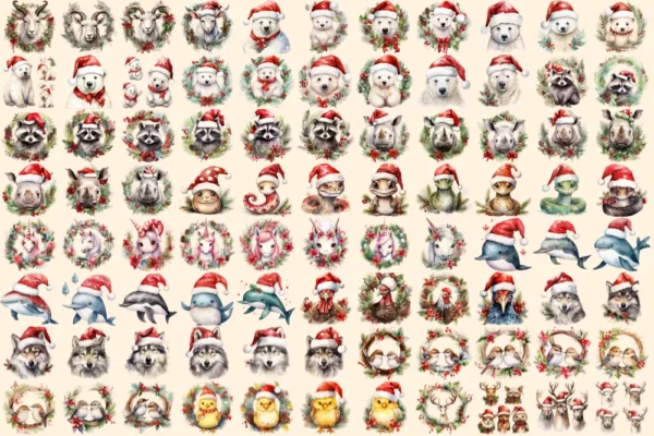 Christmas Animals Watercolor Clipart Bundle - 560+ transparent PNG, Festive animal images, Santa hat wreath, Commercial use,Digital download