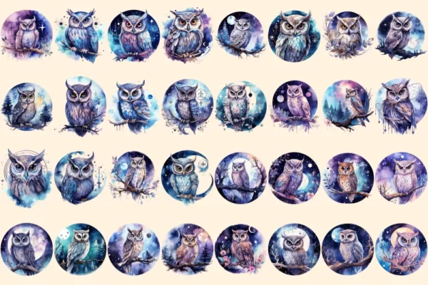 Celestial Owls Watercolor Clipart Bundle - 215+ transparent PNG, Galaxy night images, Mystical fantasy art, Commercial use, Digital download