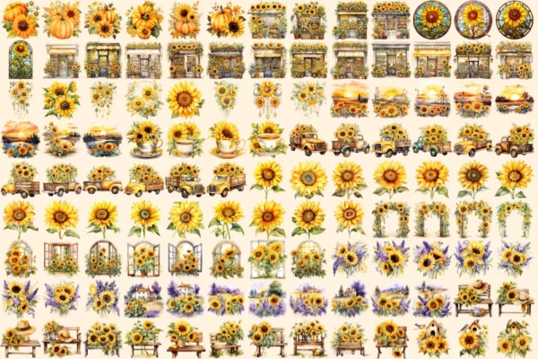 Sunflowers Watercolor Clipart Bundle - 776+ transparent PNG, Vibrant sunflower png, Radiant summer flowers, Commercial use, Digital download