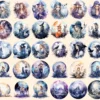 Moon Witches Watercolor Clipart Bundle - 260+ transparent PNG, Fantasy mystical images, Magical fairytale, Commercial use, Digital download