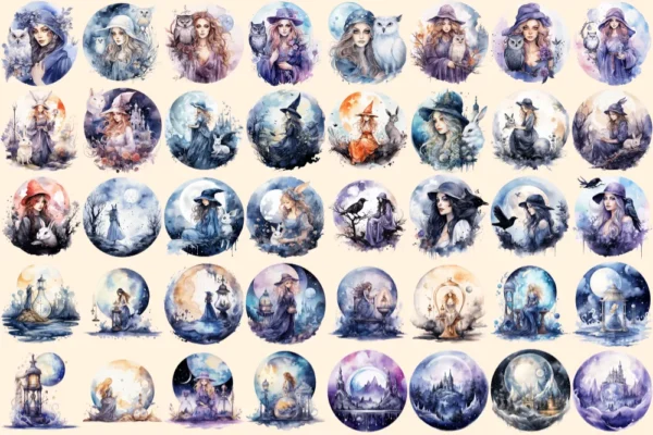 Moon Witches Watercolor Clipart Bundle - 260+ transparent PNG, Fantasy mystical images, Magical fairytale, Commercial use, Digital download