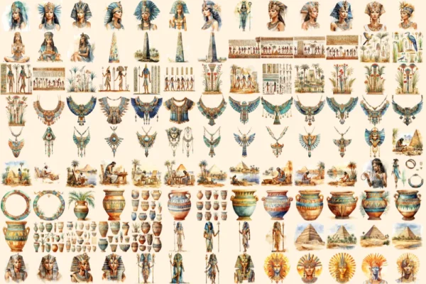 Ancient Egypt Watercolor Clipart Bundle - 770+ transparent PNG, Egyptian illustrations, Pharaohs graphics, Commercial use, Digital download
