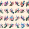 Peacocks Watercolor Clipart Bundle - 205+ transparent PNG, Regal bird illustrations, Colorful peacocks png, Commercial use, Digital download