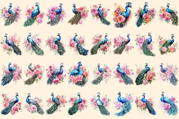 Peacocks Watercolor Clipart Bundle - 205+ transparent PNG, Regal bird illustrations, Colorful peacocks png, Commercial use, Digital download
