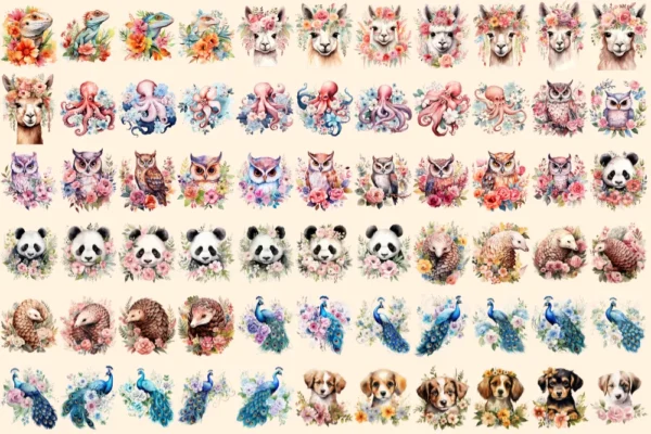 Floral Animals Watercolor Clipart Bundle - 450+ transparent PNG, Adorable animals png, Flower animal decor, Commercial use, Digital download