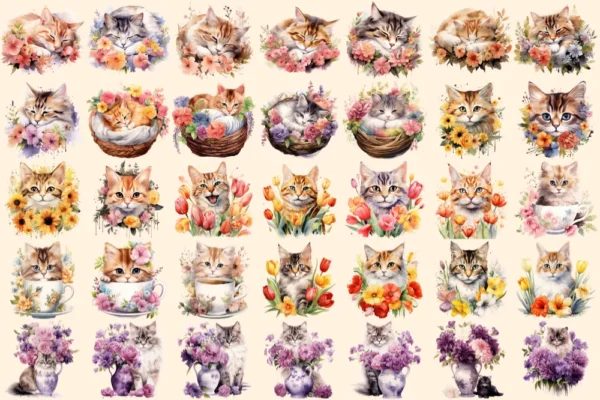 Flower Cats Watercolor Clipart Bundle - 223+ transparent PNG, Charming kitten graphics, Fantasy kitten art, Commercial use, Digital download