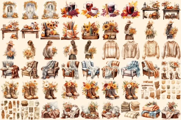 Autumn Whispers Watercolor Clipart Bundle - 360+ transparent PNG, Warm autumn graphics, Seasonal leaf png, Commercial use, Digital download