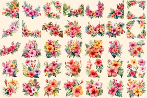 Tropical Flowers Watercolor Clipart Bundle - 245+ transparent PNG, Blooming flowers graphics, Summer png, Commercial use, Digital download