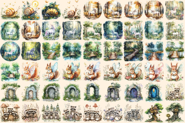 Magical Forests Watercolor Clipart Bundle - 350+ transparent PNG, Magical forest graphics, Nature images, Commercial use, Digital download
