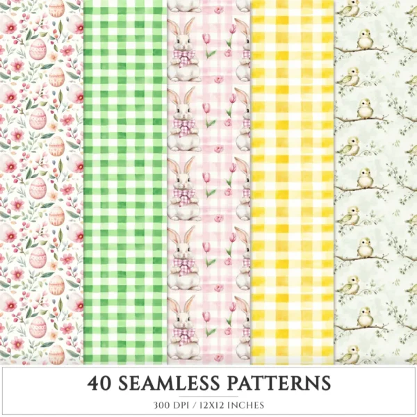 Happy Easter Seamless Patterns, Cozy floral easter JPEG, Checkered plaid pattern, Easter bunnies repeating pattern, Digital scrapbook paper