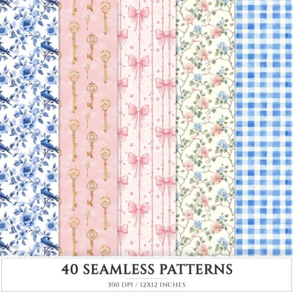 Grandmillennial Seamless Patterns, Chinoiserie JPEG, Pastel floral pattern, Stripes and plaid repeating pattern, Digital scrapbook paper
