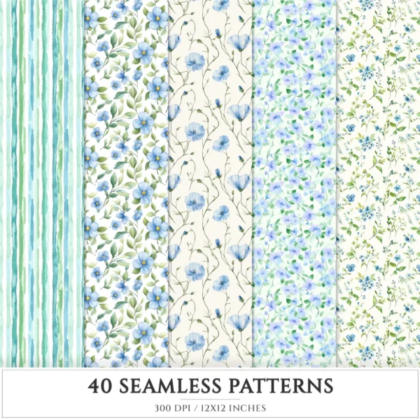 Springtime Planning Seamless Patterns, Cute spring JPEG, Spring reading pattern, Meadow flowers repeating pattern, Digital scrapbook paper