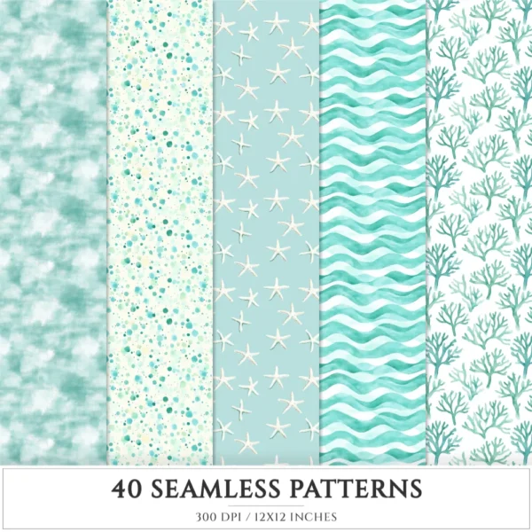 Coastal Serenity Seamless Patterns, Seaside JPEG, Starfish pattern, Coral, Pebbles, Summer beach repeating pattern, Digital scrapbook paper