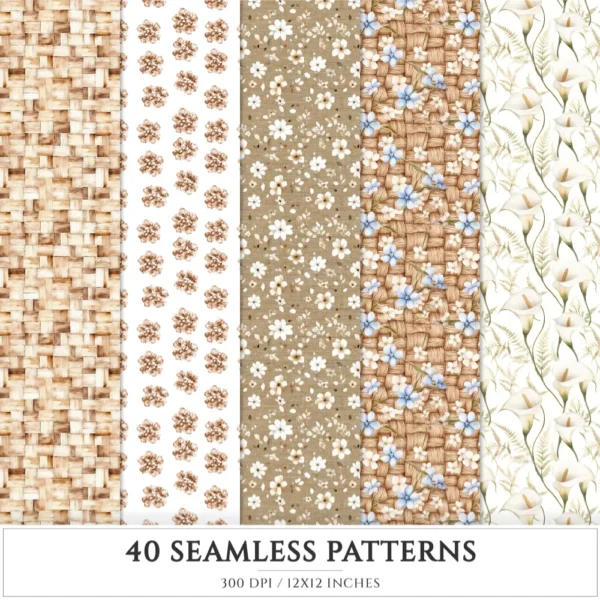 Mocha Spring Seamless Patterns, Cottage spring JPEG, Calla lily pattern, Mushroom, Spring flowers repeating pattern, Digital scrapbook paper