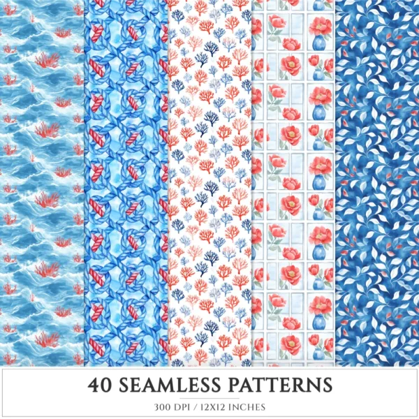 French Riviera Seamless Patterns, Summer beach JPEG, Sea pebble pattern, Shells, Seagull, Seaside repeating pattern, Digital scrapbook paper