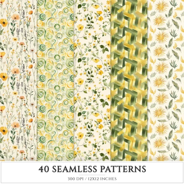 Boho Summer Seamless Patterns, Bohemian beachwear JPEG, Feathers pattern, Tropical, Wildflower repeating pattern, Digital scrapbook paper