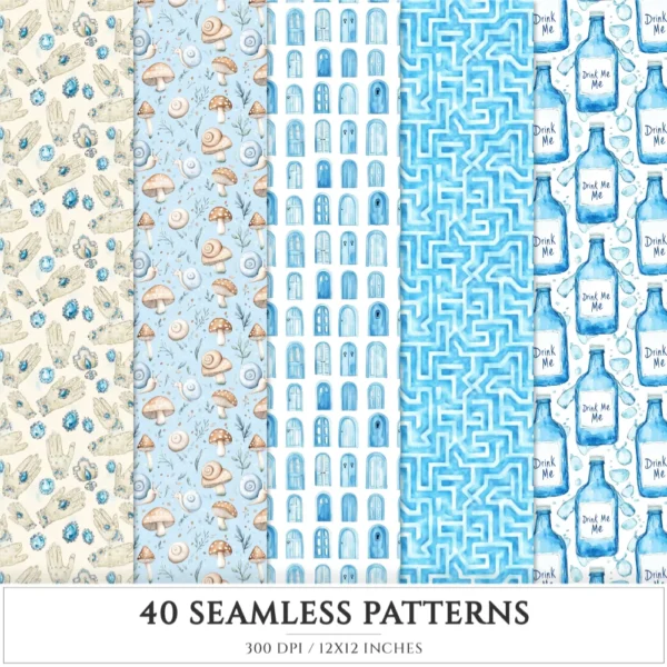 Modern Alice Seamless Patterns, Fairytale alice JPEG, Cottagecore pattern, Rabbit, Fantasy, Roses repeating pattern, Digital scrapbook paper