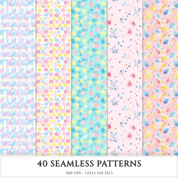 Spring Promenade Seamless Patterns, Spring JPEG, Cherry blossoms pattern, daisies, tulips, Floral repeating pattern, Digital scrapbook paper